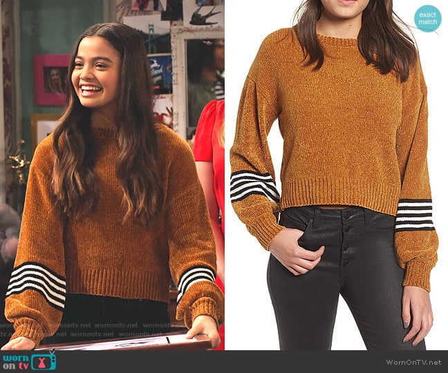 Stripe Sleeve Chenille Sweater by Ten Sixty Sherman worn by Nick (Siena Agudong) on No Good Nick