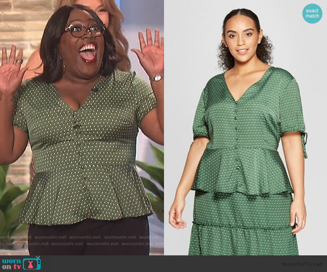 Tie Sleeve V-Neck Button Detail Peplum Top by Target worn by Sheryl Underwood on The Talk