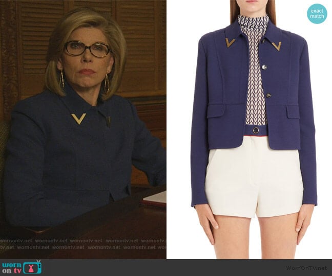 V-Detail Collar Double Crepe Crop Jacket by Valentino worn by Diane Lockhart (Christine Baranski) on The Good Fight