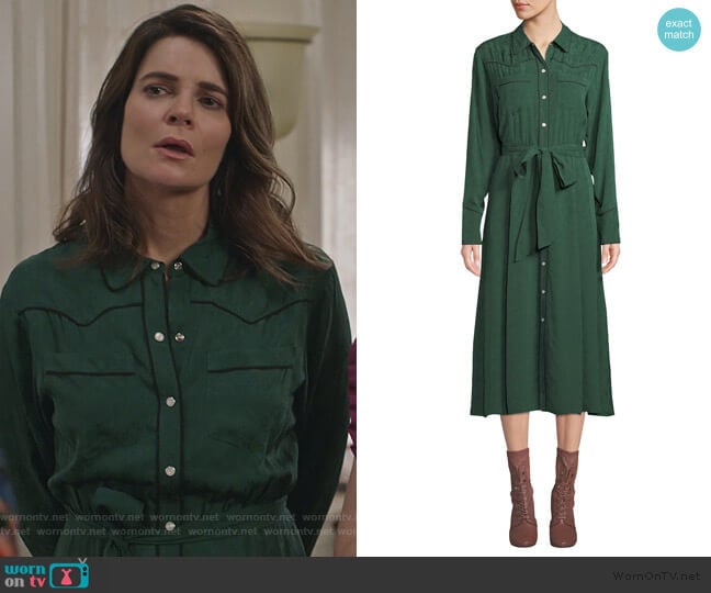 Spur Silk Jacquard Long-Sleeve Shirtdress by Veronica Beard worn by Heather Hughes (Betsy Brandt) on Life in Pieces