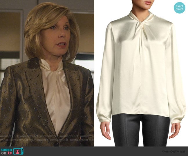 Knotted High-Neck Log-Sleeve Silk Blouse by Vince worn by Diane Lockhart (Christine Baranski) on The Good Fight