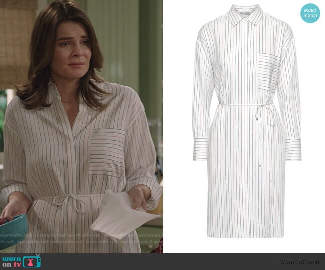 Pinstriped poplin shirt dress by Vince worn by Heather Hughes (Betsy Brandt) on Life in Pieces