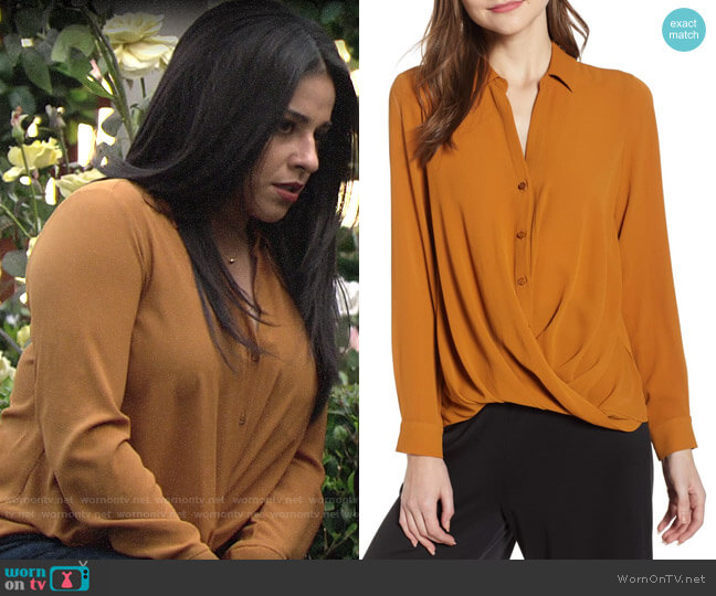 All in Favor Patterned Drape Front Blouse worn by Mia Rosales (Noemi Gonzalez) on The Young and the Restless