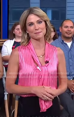 Amy’s pink striped tie neck top on Good Morning America