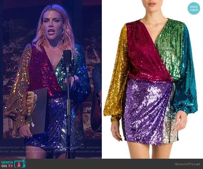 Colorblock Sequin Mini Wrap Dress by Attico worn by Busy Philipps  on Busy Tonight