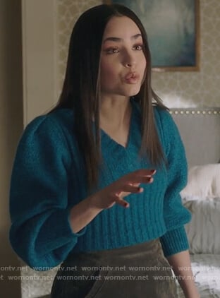 Ava’s blue sweater and suede mini skirt on Pretty Little Liars The Perfectionists