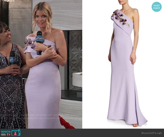 Badgley Mischka Collection One-Shoulder Gown w/ Embellished Flower Sash Detail worn by Nina Reeves (Michelle Stafford) on General Hospital