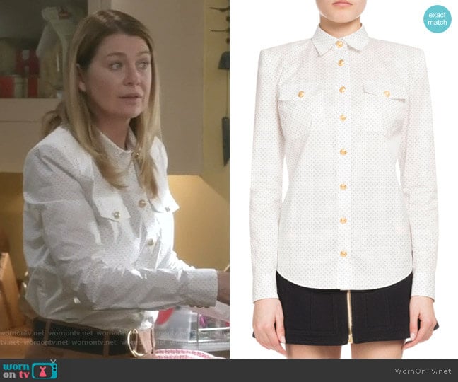 Dotted Poplin Long-Sleeve Button-Down Blouse by Balmain worn by Meredith Grey (Ellen Pompeo) on Greys Anatomy