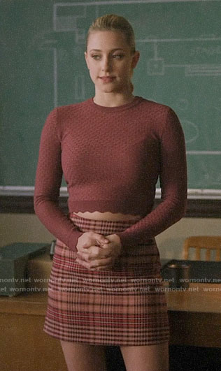 Betty’s pink cropped sweater and pink plaid skirt on Riverdale