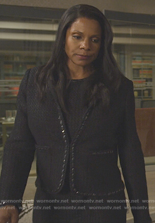 Liz's black embellished jacket and dress on The Good Fight