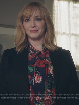 Beth's black floral tie neck blouse on Good Girls