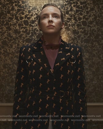 Killing Eve's embroidered horse blazer and metallic pants on Killing Eve