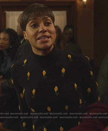 Lucca’s black rose embroidered sweater on The Good Fight