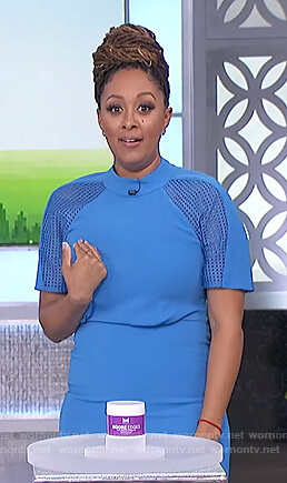 Tamera’s blue mesh sleeve dress on The Real