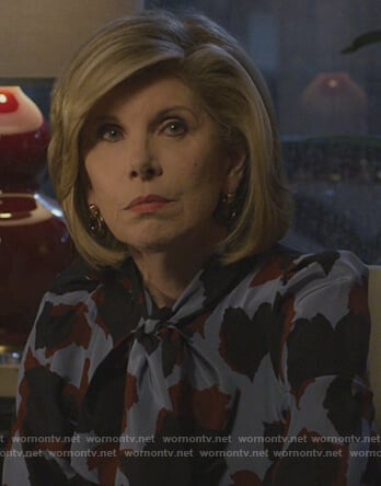 Diane's blue printed tie neck blouse on The Good Fight