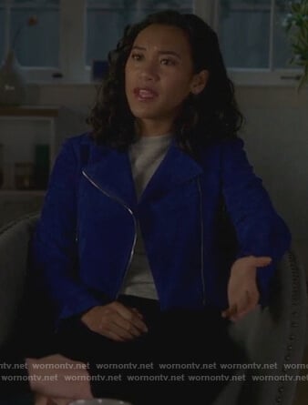 Caitlin’s blue suede moto jacket on Pretty Little Liars The Perfectionists