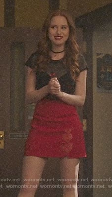 Cheryl's cherry embroidered mesh top and red heart skirt on Riverdale