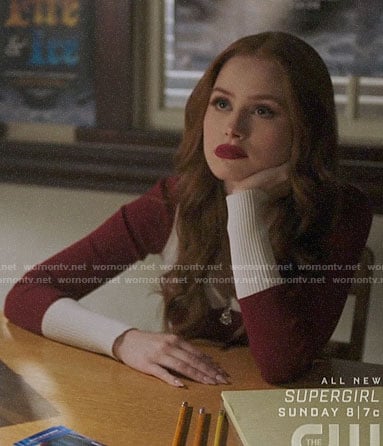 Cheryl’s red colorblock zip neck sweater on Riverdale