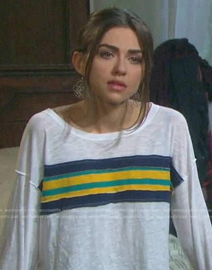Ciara's striped front tee and rose earrings on Days of our Lives