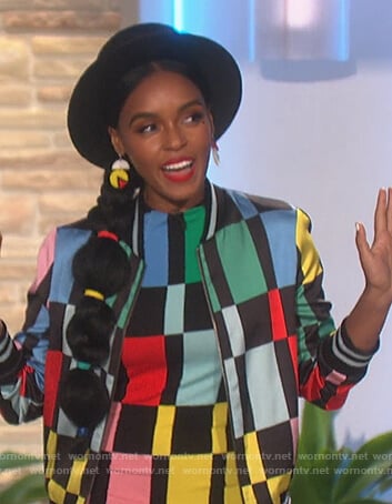 Janelle Monae’s colorblock sheath dress and jacket on The Talk