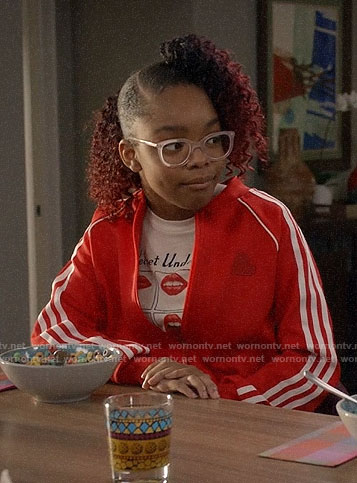 Diane's Velvet Underground tee and red track jacket on Black-ish