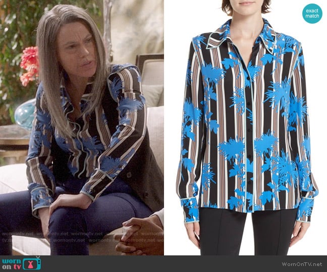 Diane von Fursteberg Stripe Button-Down Silk Shirt worn by Marjorie Palmiotti (Clea DuVall) on Veep