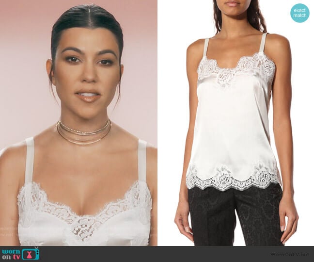 Lace-trimmed satin camisole by Dolce & Gabbana worn by Kourtney Kardashian on Keeping Up with the Kardashians