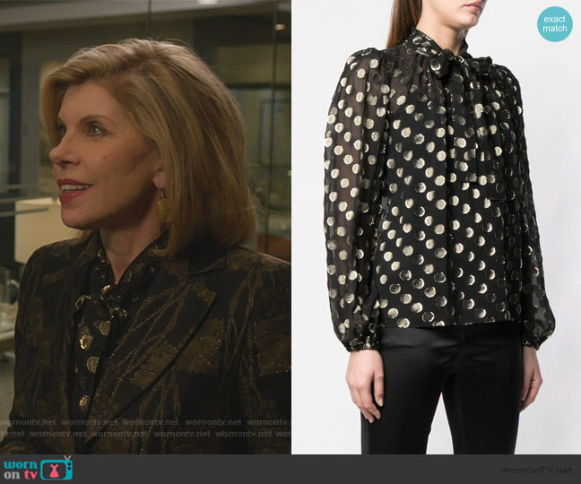 metallic polka dot blouse by Dolce & Gabbana worn by Diane Lockhart (Christine Baranski) on The Good Fight