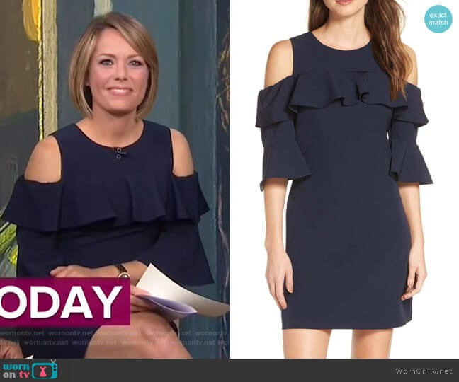 WornOnTV: Dylan’s navy ruffled cold-shoulder dress on Today | Dylan ...