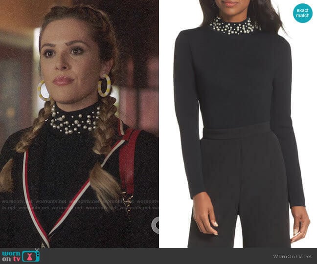 Eliza J Faux Pearl Embellished Mock Neck Sweater worn by Lucy (Natalie Hall) on Charmed