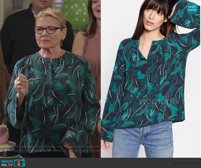 Palm Print Henley Blouse by Equipment worn by Joan Short (Dianne Wiest) on Life in Pieces