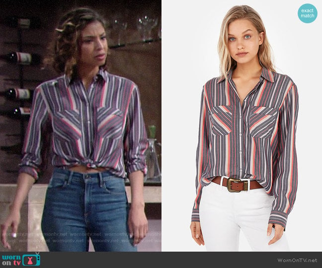 Express Stripe Two-Pocket Silky Soft Twill Shirt worn by Elena Dawson (Brytni Sarpy) on The Young and the Restless