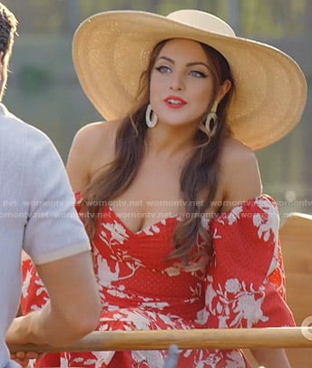 Fallon’s red floral off-shoulder dress on Dynasty