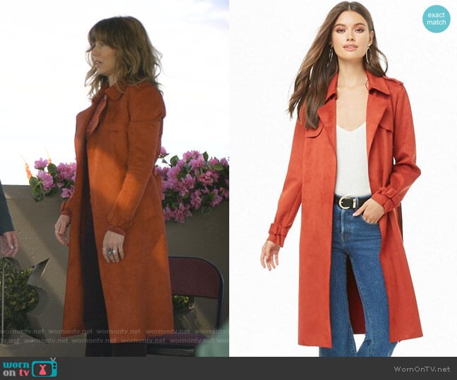 Faux Suede Trench Coat by Forever 21 worn by Judy Hale (Linda Cardellini) on Dead to Me