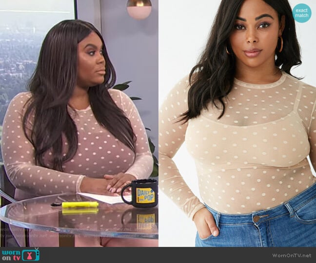 Plus Size Sheer Mesh Dotted Bodysuit by Forever 21 worn by Nina Parker on E! News