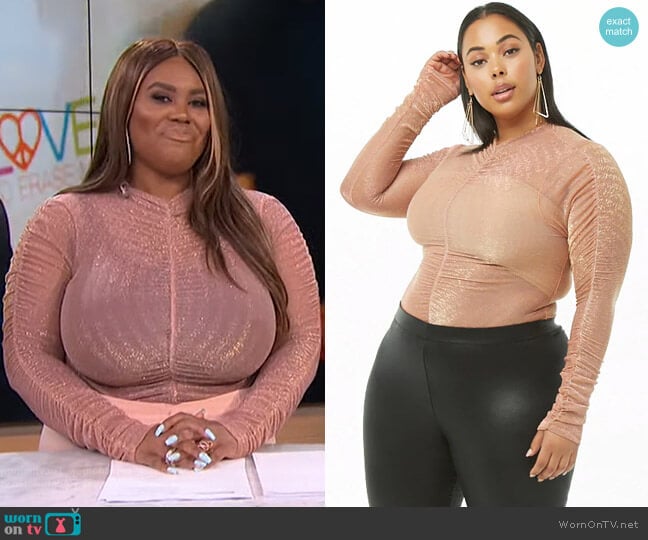 Plus Size Sheer Metallic Ruched Bodysuit by Forever 21 worn by Nina Parker on E! News