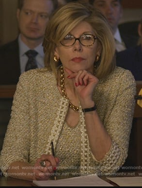 Diane's gold tweed jacket and dress on The Good Fight