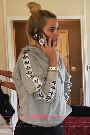 Khloe's gray Adidas logo sleeve hoodie on Keeping Up with the Kardashians
