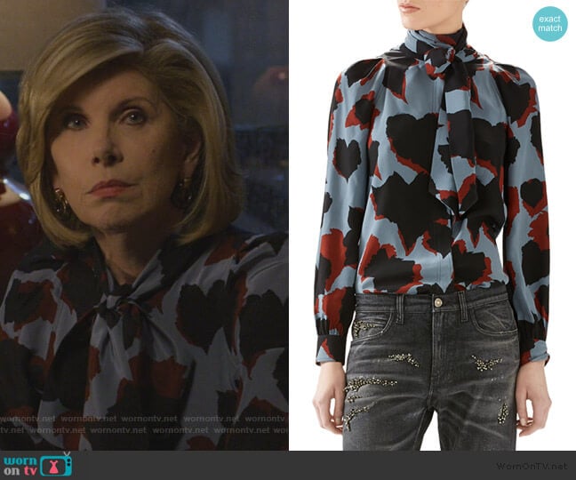 Leaves Print Silk Shirt by Gucci worn by Diane Lockhart (Christine Baranski) on The Good Fight