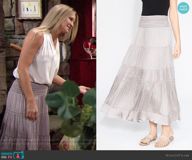 Halston Heritage Flowy Smocked Midi Skirt worn by Sharon Newman (Sharon Case) on The Young and the Restless