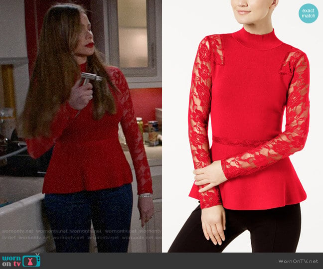 INC International Concepts Lace-Sleeve Peplum Sweater worn by  Gloria Pritchett (Sofia Vergara) on Modern Family