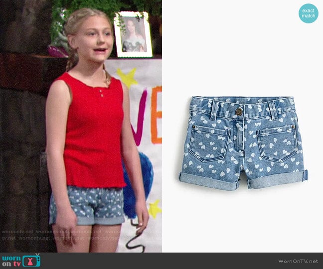 J. Crew Girls' patch-pocket stretch denim short in hearts worn by Faith Newman (Alyvia Alyn Lind) on The Young and the Restless