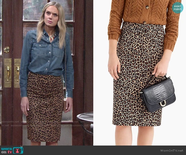 J. Crew No. 2 Pencil® skirt in leopard bi-stretch cotton worn by Abby Newman (Melissa Ordway) on The Young and the Restless