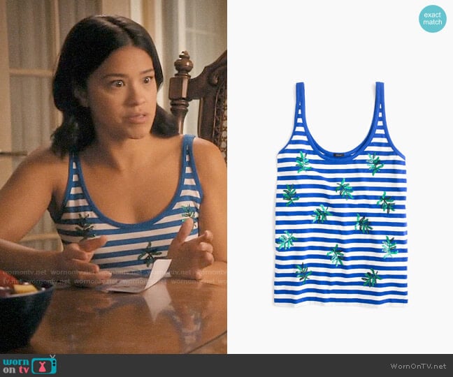 J. Crew Striped tank top with sequin palm leaves worn by Jane Villanueva (Gina Rodriguez) on Jane the Virgin