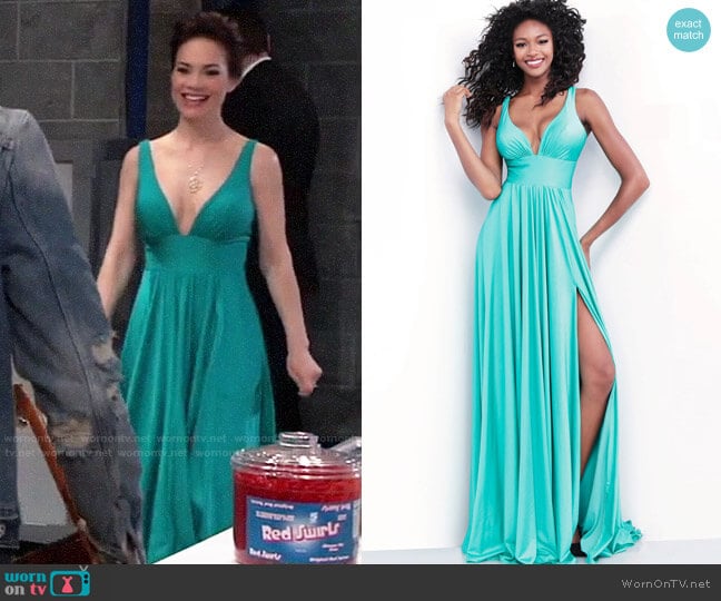 Jovani 67471  Gown in Jade worn by Elizabeth Webber (Rebecca Herbst) on General Hospital