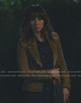 Judy’s beige suede moto jacket on Dead to Me