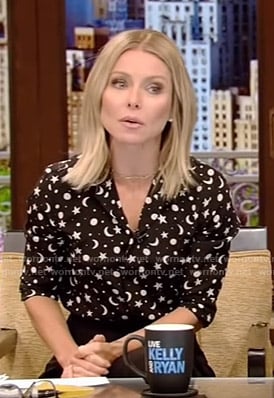 Kelly's black moon and star print blouse and skirt on Live with Kelly and Ryan