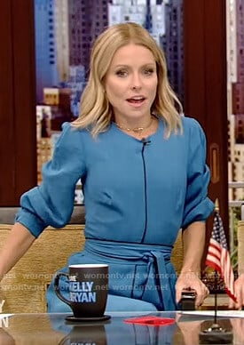 Kelly’s blue belted dress on Live with Kelly and Ryan