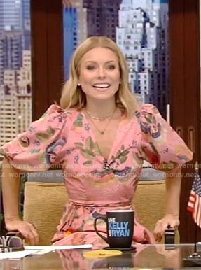 Kelly’s pink printed wrap dress on Live with Kelly and Ryan