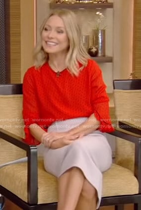 Kelly's red polka dot top and pencil skirt on Live with Kelly and Ryan